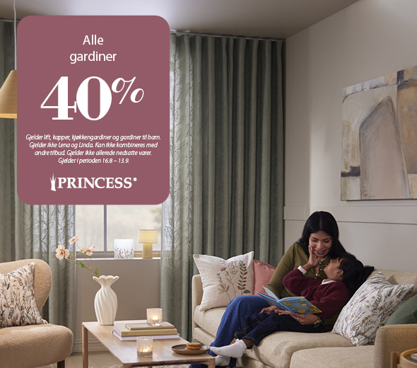 40% på gardiner og gardinskinner Princess
