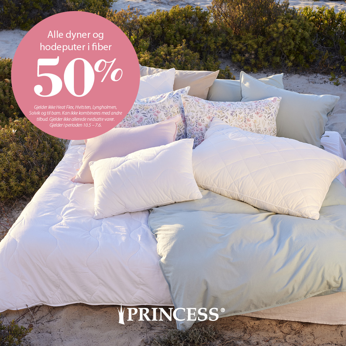 50 % på dyner og hodeputer i fiber Princess